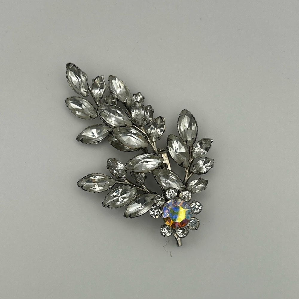 Vintage Rhinestone Leaf Spray Brooch